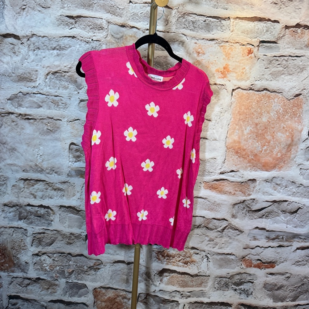 First Love - Floral Pattern Crochet Ribbed Hem Sleeveless Top - Pink - 1X - NWOT
